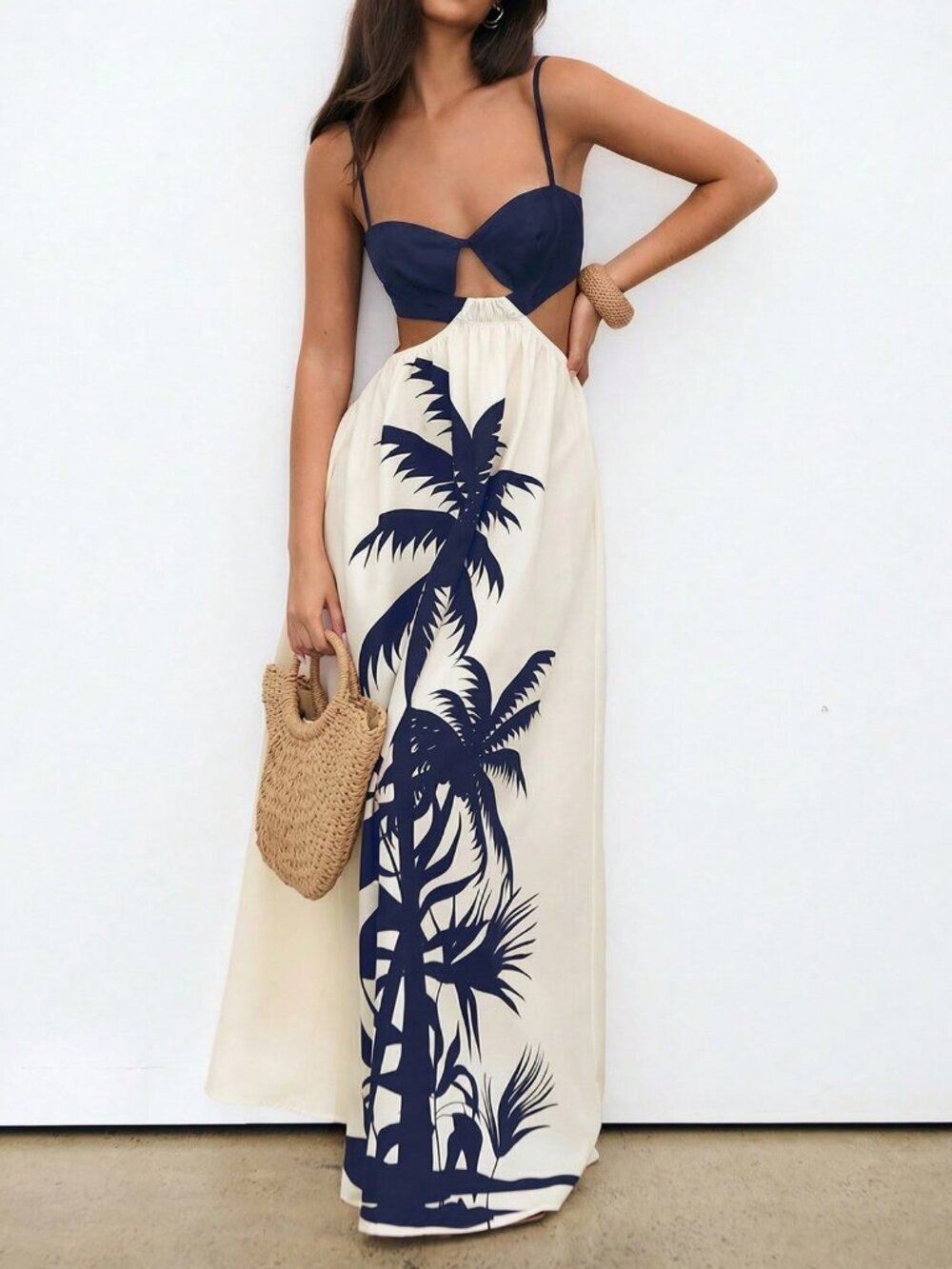 Boho Navy Blue Women's Sleeveless Spaghetti Strap Hollow Out Vacation Dress - Picture 1 of 7